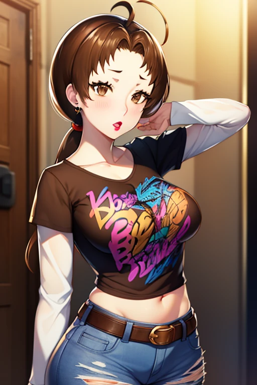 deliaketchum, brown hair, (brown eyes:1.7), parted bangs, (ahoge:1.5), ponytail, low ponytail,glossy lips, light makeup, eye shadow, earrings ,1girl, solo, standing, black t-shirt, white shirt, blue jeans, belt, lipstick, large breasts