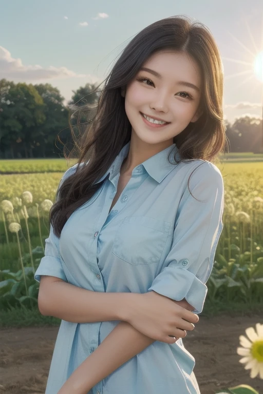 (zh-CN) Farmland, Morning dew, leisurely flowering dandelions, (1 beautiful girl), big smiling face under the bright sun, in light cotton clothes, blue shirt, Kind and natural,Girl with a slender body,Thin beautiful girl,slightly tanned skin,It&#39;s hot so I&#39;m wearing light clothing.,Too beautiful girl,(Flat Chest),A date at an amusement park with playground equipment for children,Beautiful nipples,A beautiful girl with a slim figure,