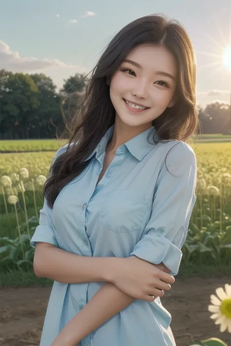 (zh-cn) farmland, morning dew, leisurely flowering dandelions, (1 beautiful girl), big smiling face under the bright sun, in lig...