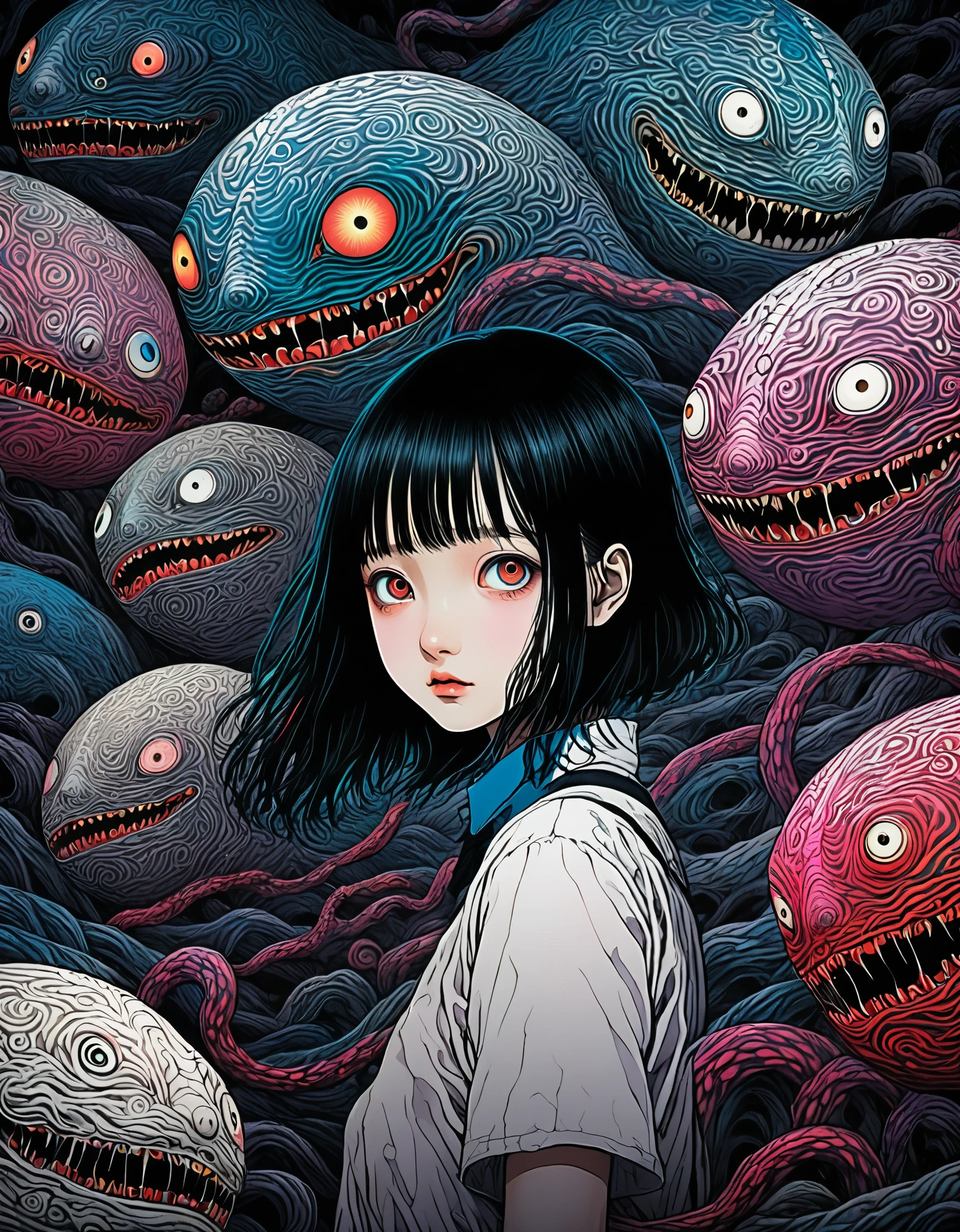 surreal horror, anime style, directed by Junji Ito, high contrast, vivid colors, eerie atmosphere, psychological tension, intricate line work, nightmarish creatures