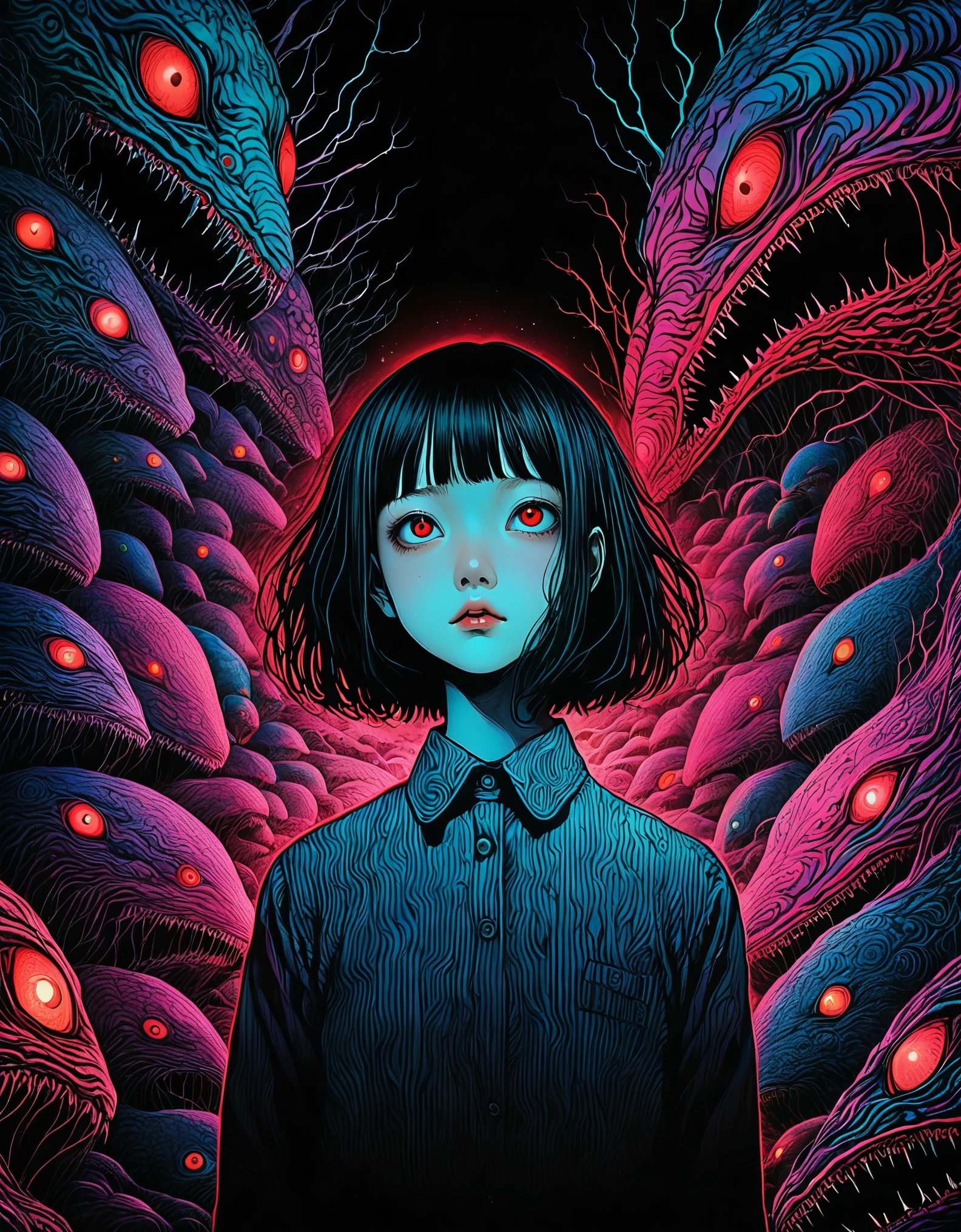 surreal horror, anime style, directed by Junji Ito, high contrast, vivid colors, eerie atmosphere, psychological tension, intricate line work, nightmarish creatures