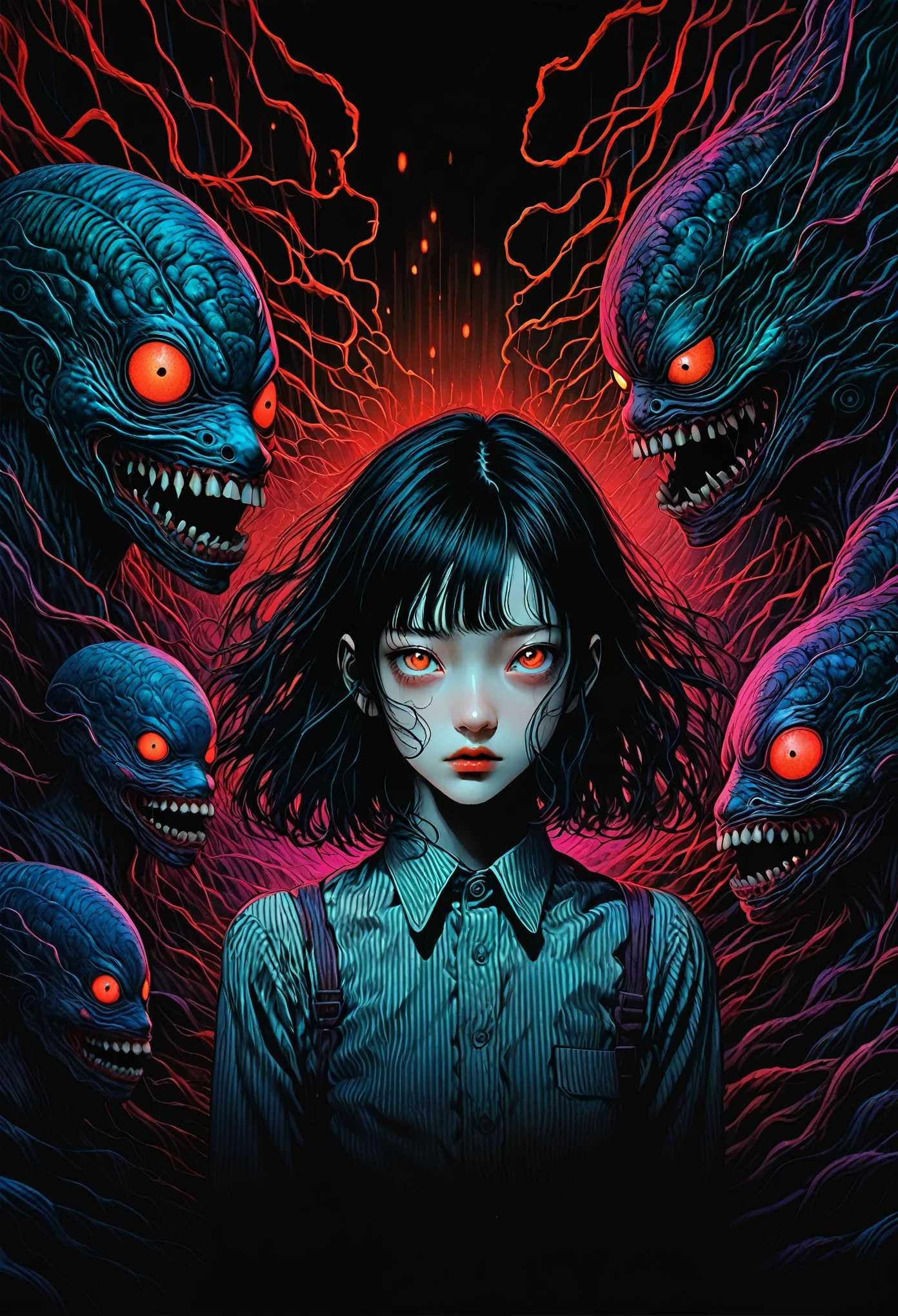 surreal horror, anime style, directed by Junji Ito, high contrast, vivid colors, eerie atmosphere, psychological tension, intricate line work, nightmarish creatures