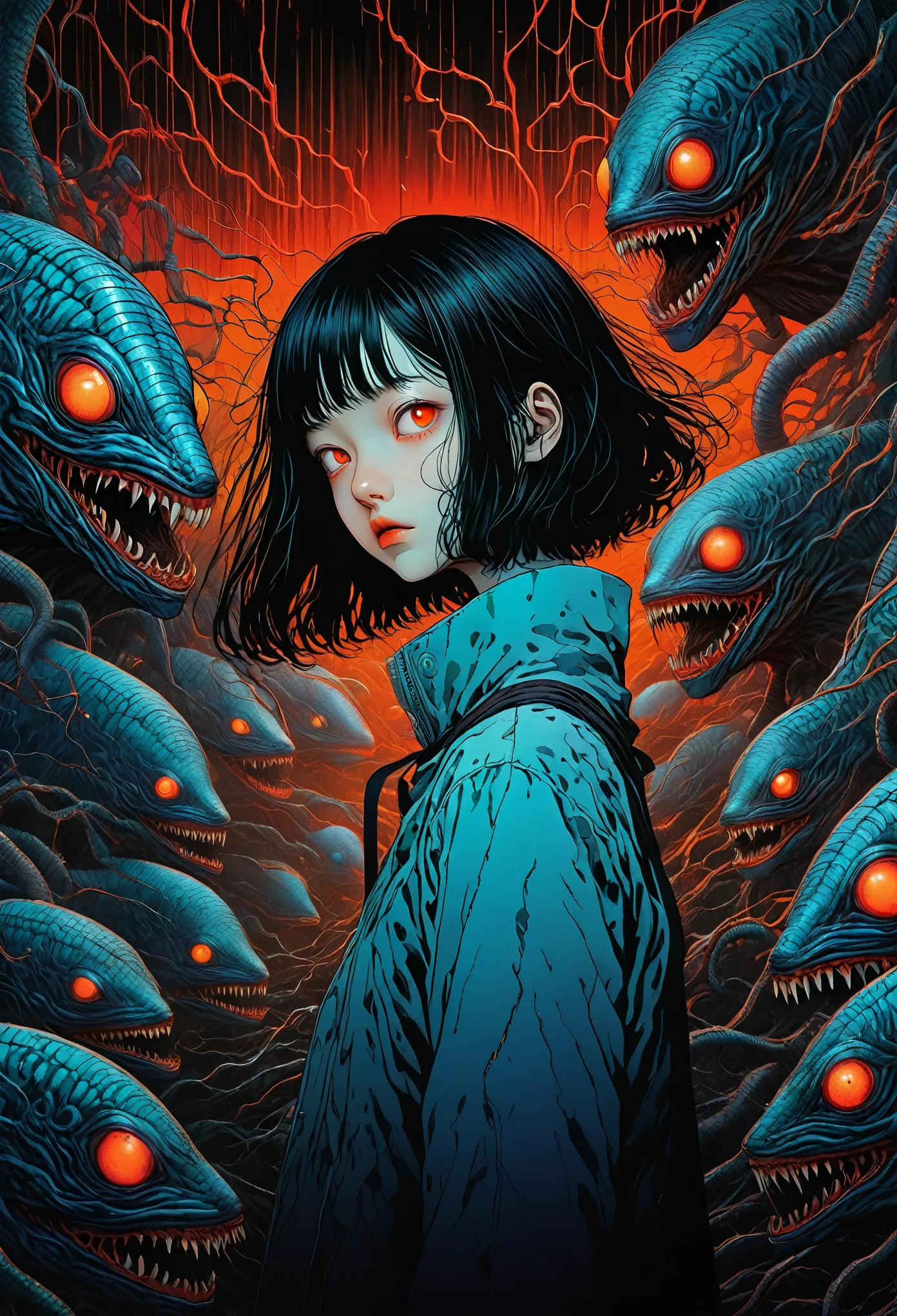 surreal horror, anime style, directed by Junji Ito, high contrast, vivid colors, eerie atmosphere, psychological tension, intricate line work, nightmarish creatures