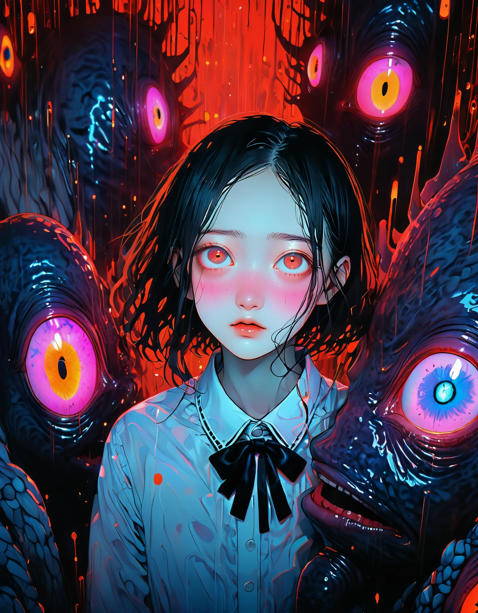 surreal horror, anime style, directed by Junji Ito, high contrast, vivid colors, eerie atmosphere, psychological tension, intricate line work, nightmarish creatures