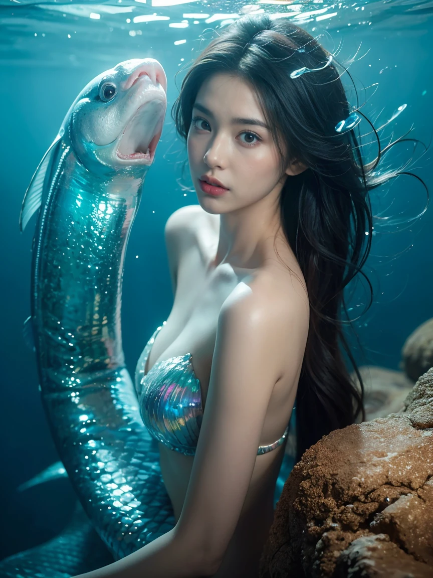 These captivating images present a mermaid in all her ethereal beauty, with her entire form visible from her delicate head to her elongated, shimmering fishtail. full body,Set against the crystal-clear waters of the Andaman Sea, the scenes capture the mermaid's flawless, porcelain-like skin and large, expressive eyes, which seem to tell a thousand stories. Her fishtail glistens with intricate, iridescent scales that reflect the surrounding light, creating a mesmerising effect. The lighting is both dramatic and soft, carefully designed to highlight the hyper-realistic details of her face and the flowing movement of her hair, echoing the iconic portrait style of Annie Leibovitz. These breathtaking images are crafted using a similar style, as if created with tools like MetaHuman Creator (version 1.4) and Quixel Megascans, and rendered with Unreal Engine 5.3, resulting in extraordinarily detailed and lifelike representations.