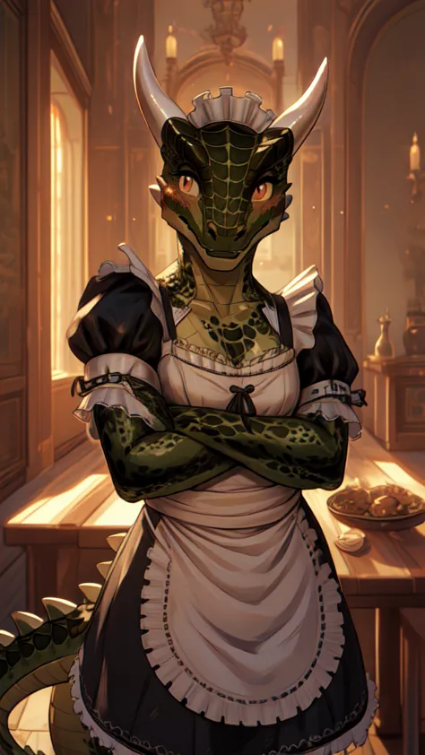 anime, hdr, soft light, ((best quality)), ((masterpiece)), (detailed), lustyargonian, maid, colored skin, green skin, tail, horn...