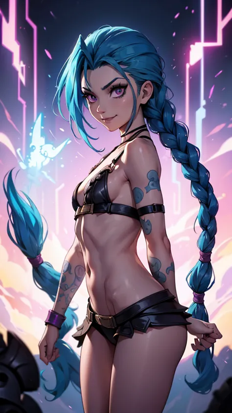 jinx, arcane, jinx personaje de league of legends, long neon blue hair in braids, perfect small breasts, scantily clad, underwea...