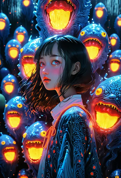 surreal horror, anime style, directed by junji ito, high contrast, vivid colors, eerie atmosphere, psychological tension, intric...