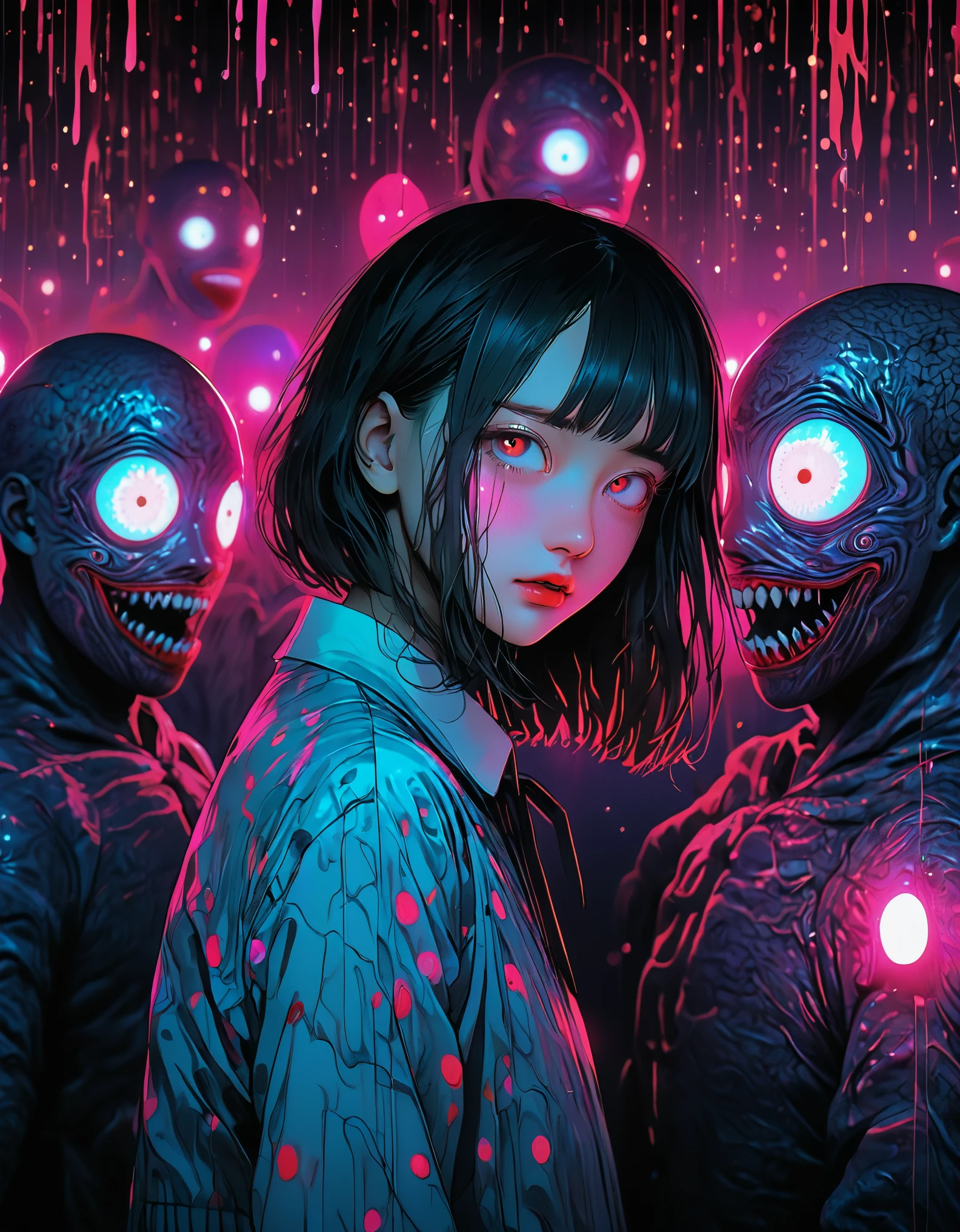 surreal horror, anime style, directed by Junji Ito, high contrast, vivid colors, eerie atmosphere, psychological tension, intricate line work, nightmarish creatures