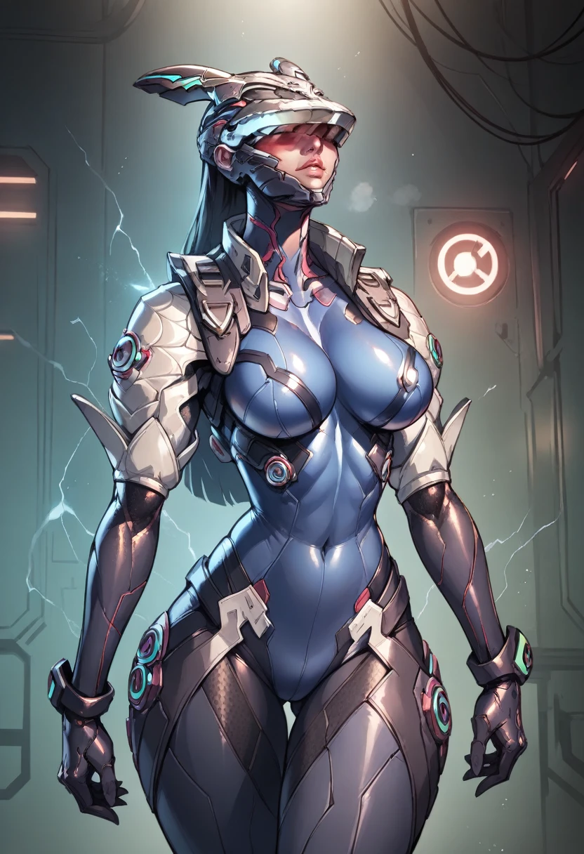 a beautiful young woman with a fit, toned body wearing a skin-tight bodysuit, big breasted, with electric belts and a visor, 4k, 8k, high resolution, masterpiece, photorealistic, detailed, dark sci-fi, cyberpunk, neon lights, glowing effects