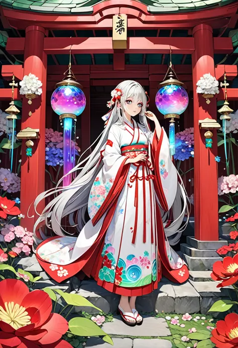 high definition、shrine maiden、half vermilion with long silver hair、full body portrait、beautiful girl、long-hemmed outfit、big irid...