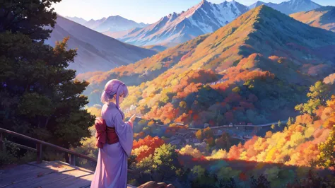 woman　clear　light purple hair　　kimono　　　anime style　　　　mountain village　mountain pass