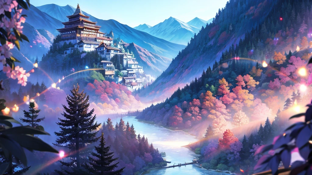 woman　clear　Light purple hair　　kimono　　　Anime Style　　　　Mountain village　Mountain pass
