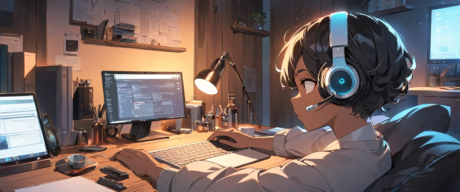 ((Boy)), ((Dark Skin)), ((Freckles on Face)), black curly hair, white streak, ((Studying)), bedroom, ((Calm)), ((Chill)), ((Headphones)), ((Laptop)), ((Monitor)), Night, Bottle, Desktop, ((Hacking)), ((Hacker)), Tech, HD, High Resolution, 4K