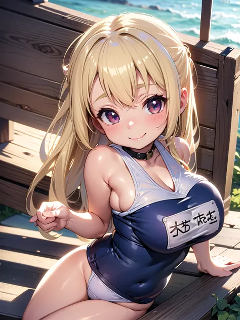 master piece,detailed,(((best quality))), ((((loli)))),(((cute))), ((petite)),(((big breasts))),smile,sitting,upper body,blonde ...