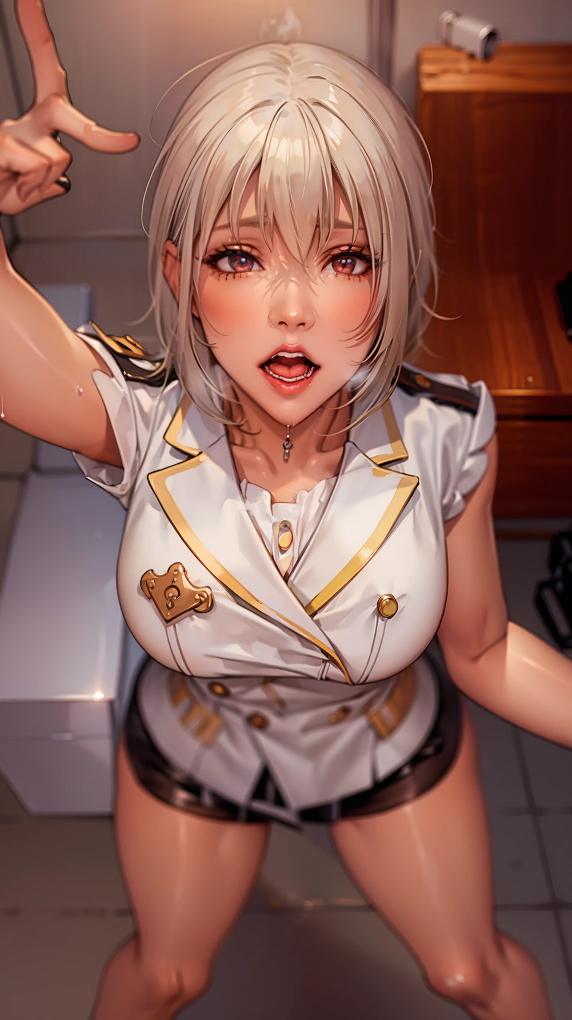 (Cinematic Digital Artwork: 1.3), High quality, masutepiece, of the highest quality, Super Detail, Illustration, [4K Digital Art]、(Moody lighting:1.2), depth of fields, Bokeh, 4K Solo, (Elite Detective、Police Uniform, policewoman), Stockings, City lights, (gaze at the audience: 1.3), Lips apart, Red lips, Shiny skin, dent in the skin, Best Quality, Ultra High Resolution, (Realism: 1.4),Fingers in someone else's mouth, Open mouth, biting fingers, Finger sucking, licking, tongue, tusk, Tongue out, POV, pov hand, Saliva, tongue、(steam,Sweat), ((a miniskirt)), Interrogation room、darkened room、Stainless steel desk and pipe chair、Katsudon and lighting on the desk、Cuffed、(((Looking up angle)))