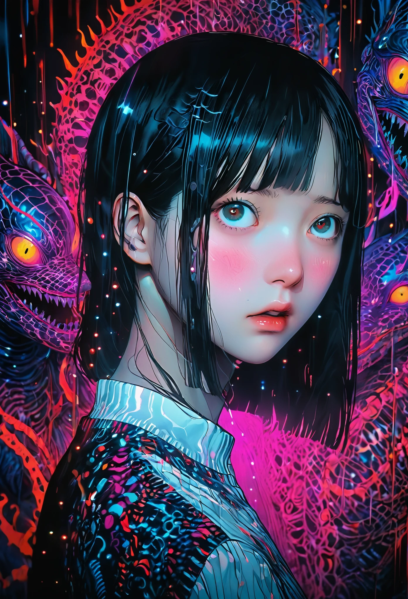 surreal horror, anime style, directed by Junji Ito, high contrast, vivid colors, eerie atmosphere, psychological tension, intricate line work, nightmarish creatures