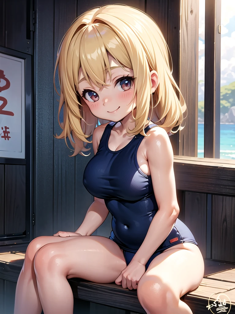 master piece,detailed,(((best quality))), ((((loli)))),(((cute))), ((petite)),(((big breasts))),smile,sitting,upper body,blonde hair,breasts focus,(navy school swimsuit)