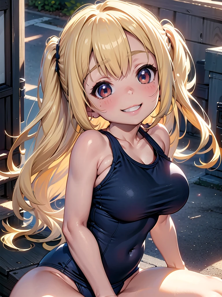 master piece,detailed,(((best quality))), ((((loli)))),(((cute))), ((petite)),(((big breasts))),smile,sitting,upper body,blonde hair,breasts focus,(navy school swimsuit)