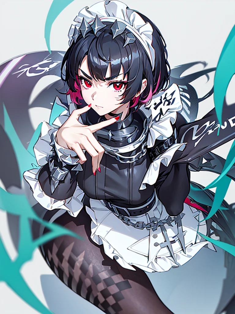 {1 Anime girl with striking short dark hair, with vibrant red highlights, styled with sharp, jagged edges and adorned with a spiked headband that adds a rebellious touch:0.9}, {She’s wearing a modern, edgy maid outfit in black and white, featuring sharp metallic accents, such as spikes on her wristbands and belt, and a form-fitting design that emphasizes her confident and assertive personality:0.8}, [The setting is an abstract, vibrant backdrop filled with neon-colored symbols, including electric waves, swirling patterns, and cute, ghostly creatures, which float around her, enhancing the supernatural and lively vibe of the scene:0.7], {The artwork is rendered in a dynamic, high-energy anime style, with a focus on her mischievous expression, highlighted by her red eyes and confident smirk, capturing a sense of playful yet dangerous charm:0.9}, {The color scheme is dominated by bold contrasts of black, white, and electric blues and pinks, creating a visually striking and intense atmosphere, perfect for conveying the character's mix of traditional and futuristic elements:0.8}