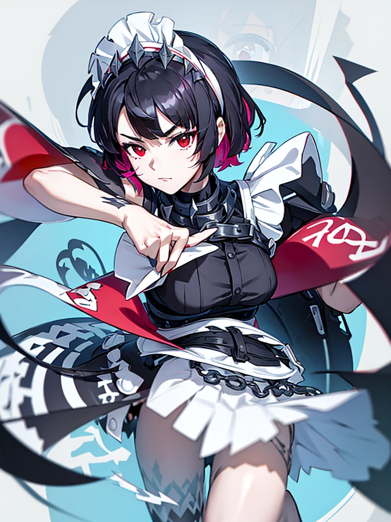 {1 Anime girl with striking short dark hair, with vibrant red highlights, styled with sharp, jagged edges and adorned with a spiked headband that adds a rebellious touch:0.9}, {She’s wearing a modern, edgy maid outfit in black and white, featuring sharp metallic accents, such as spikes on her wristbands and belt, and a form-fitting design that emphasizes her confident and assertive personality:0.8}, [The setting is an abstract, vibrant backdrop filled with neon-colored symbols, including electric waves, swirling patterns, and cute, ghostly creatures, which float around her, enhancing the supernatural and lively vibe of the scene:0.7], {The artwork is rendered in a dynamic, high-energy anime style, with a focus on her mischievous expression, highlighted by her red eyes and confident smirk, capturing a sense of playful yet dangerous charm:0.9}, {The color scheme is dominated by bold contrasts of black, white, and electric blues and pinks, creating a visually striking and intense atmosphere, perfect for conveying the character's mix of traditional and futuristic elements:0.8}