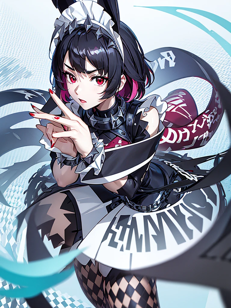 {1 Anime girl with striking short dark hair, with vibrant red highlights, styled with sharp, jagged edges and adorned with a spiked headband that adds a rebellious touch:0.9}, {She’s wearing a modern, edgy maid outfit in black and white, featuring sharp metallic accents, such as spikes on her wristbands and belt, and a form-fitting design that emphasizes her confident and assertive personality:0.8}, [The setting is an abstract, vibrant backdrop filled with neon-colored symbols, including electric waves, swirling patterns, and cute, ghostly creatures, which float around her, enhancing the supernatural and lively vibe of the scene:0.7], {The artwork is rendered in a dynamic, high-energy anime style, with a focus on her mischievous expression, highlighted by her red eyes and confident smirk, capturing a sense of playful yet dangerous charm:0.9}, {The color scheme is dominated by bold contrasts of black, white, and electric blues and pinks, creating a visually striking and intense atmosphere, perfect for conveying the character's mix of traditional and futuristic elements:0.8}