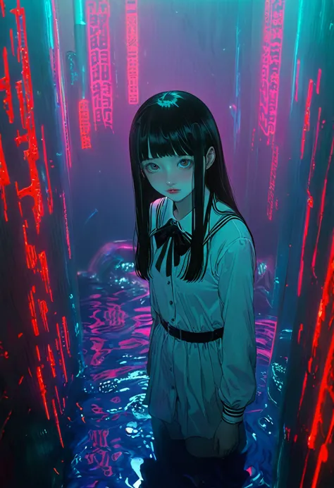 surreal horror, anime style, directed by junji ito, high contrast, vivid colors, eerie atmosphere, psychological tension, intric...