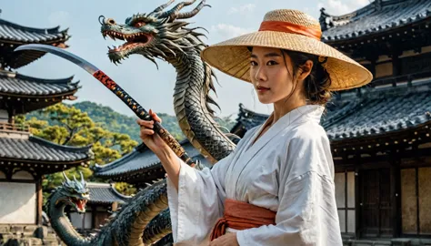 painting of a woman in a white robe and straw hat holding a katana and a dragon at her side, in the background ancient city of j...