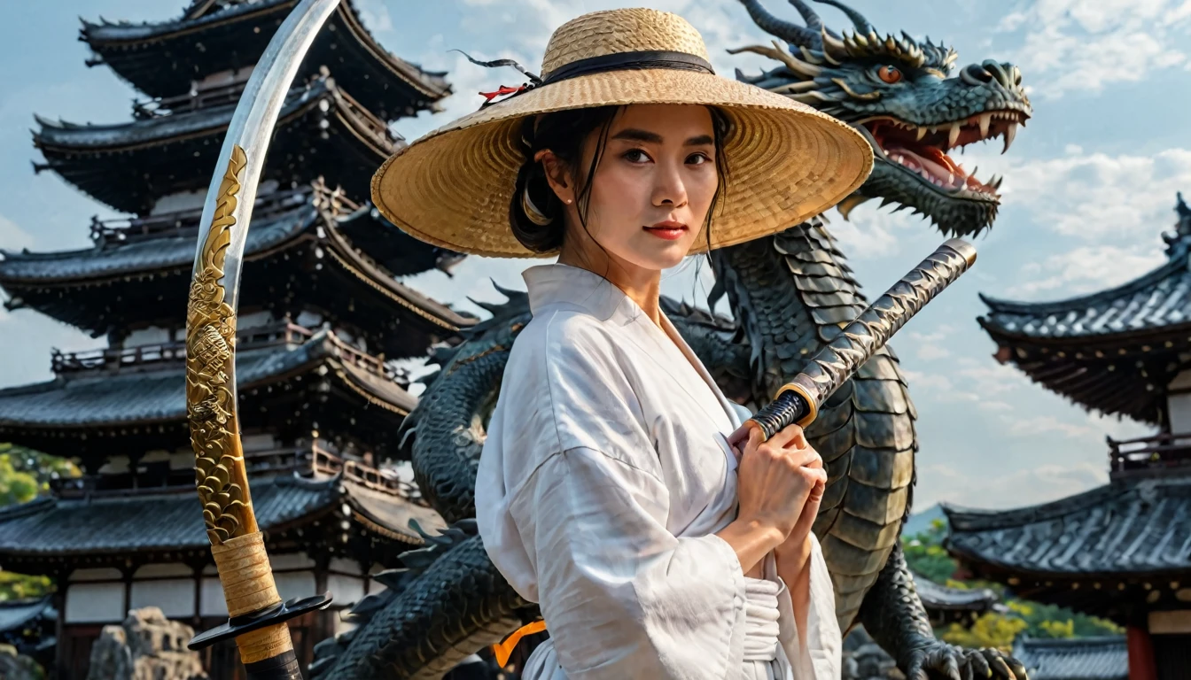 Painting of a woman in a white robe and straw hat holding a katana and a dragon at her side, in the background ancient city of japan, 8k best quality
