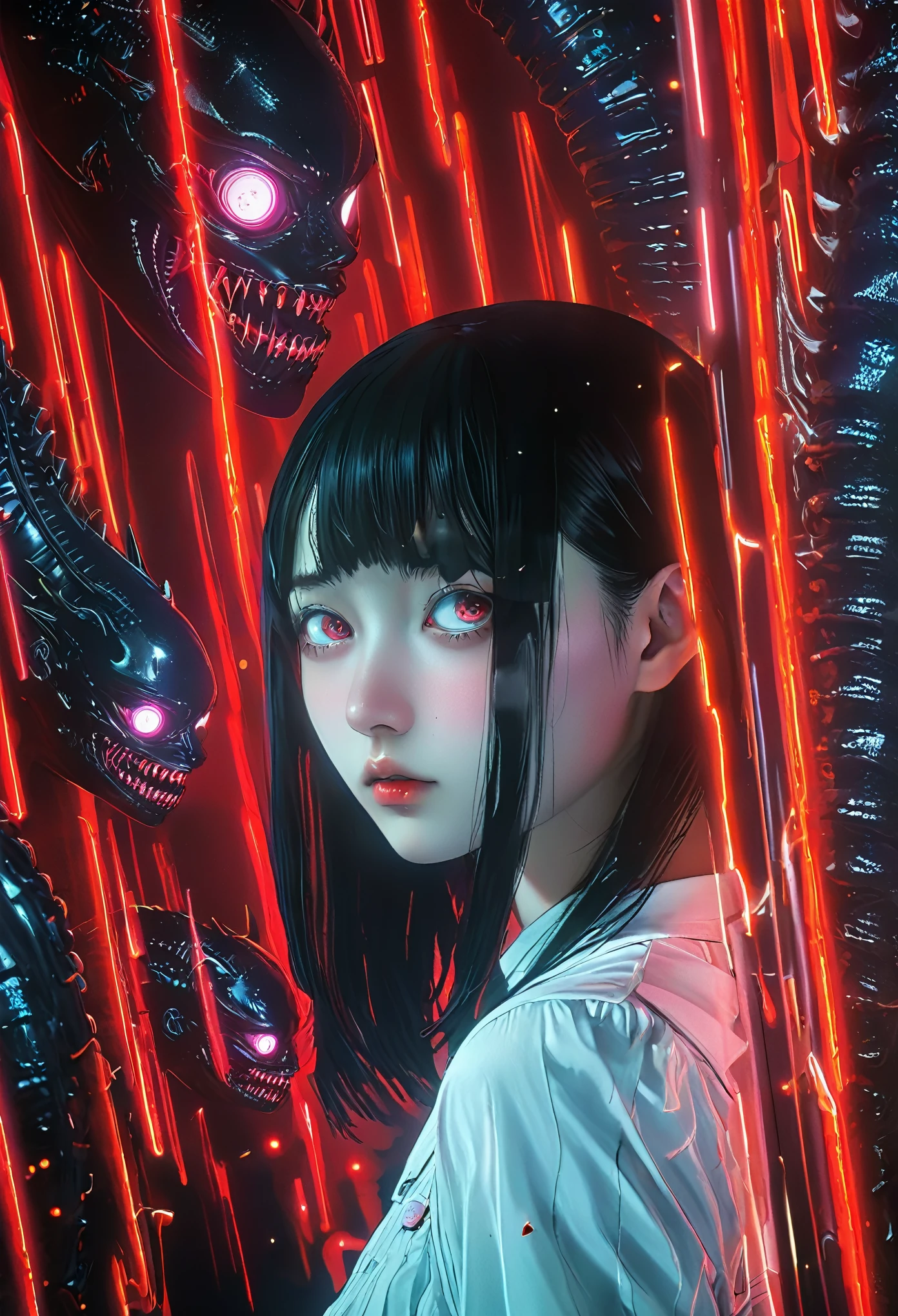 surreal horror, anime style, directed by Junji Ito, high contrast, vivid colors, eerie atmosphere, psychological tension, intricate line work, nightmarish creatures