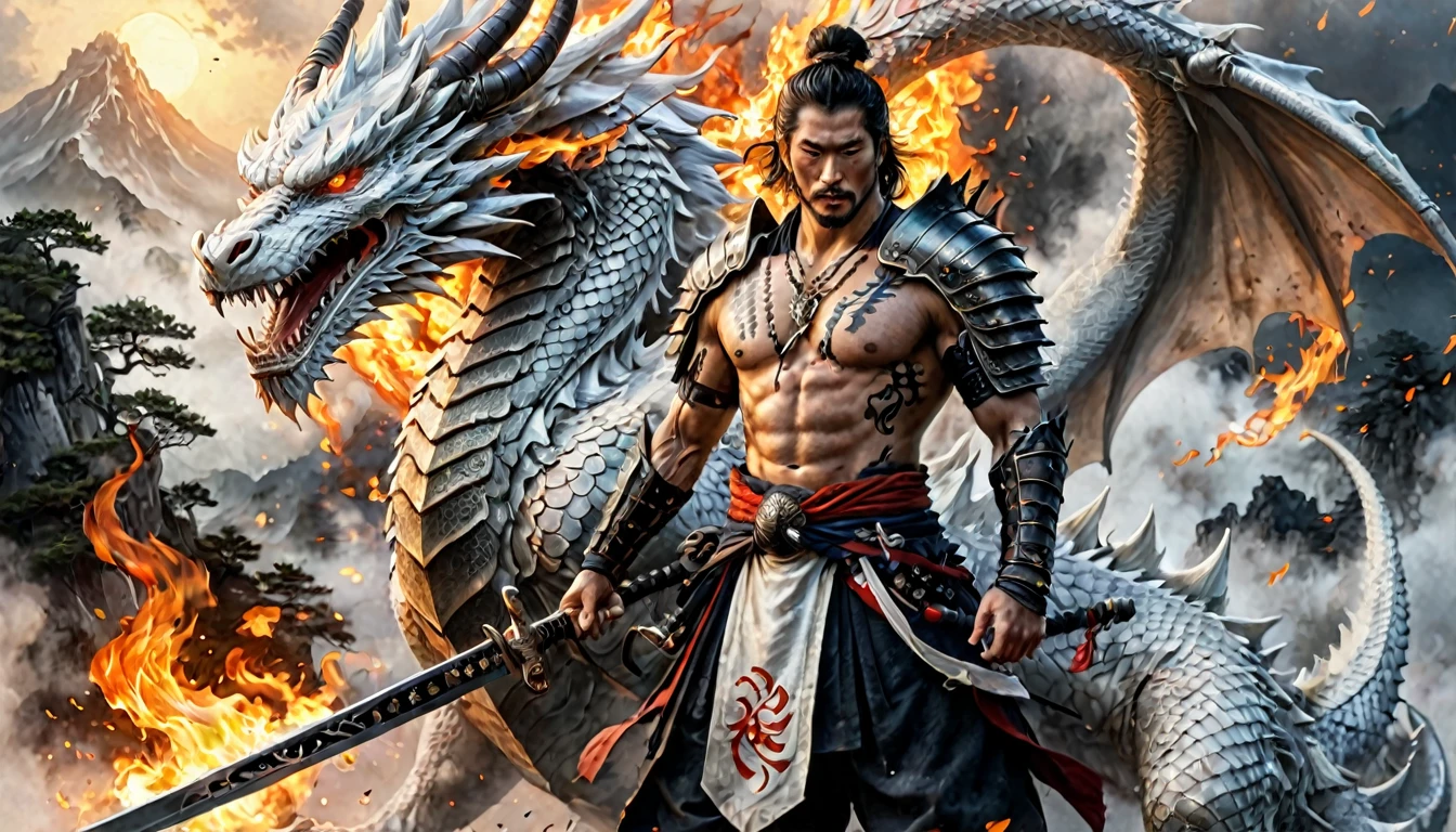 stoic tenjin warrior next to a white dragon, muscular, amazing sword, samurai armor, older, scars, highy detailed, intrikate, flames emanating from the body, broken armor, field of battle, misty, ink wash, Japanese style ink drawing, hyper detailled, ink tattoos, punctuation_9, punctuation_8_High above, punctuation_7_High above, punctuation_8, volumetric lighting