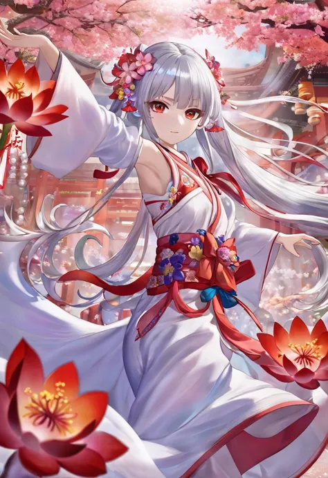 high definition、miko costume、half vermilion long silver hair、full body portrait、beautiful girl、long-hemmed outfit、big iridescent...