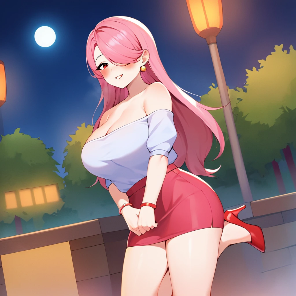 score_9, score_8_up, big chest,((white skin)),((pink hair)), ((1girl)), 1girl, (((solo))), mature woman,, light-skinned 8k,highres, best quality,1girl,kandyl, night, street, store light, pink hair, long hair, hair over one eye, red eyes, blush stickers, ((micro pink skirt 1:1))),((red high heels)), red blush,((( Hatterene))), blue_hair, blue_skin, hair_over_one_eye,A mystical sorceress stands alone in a whimsical forest glade. The mature woman's light- skinned face is framed by pink locks cascading over one eye, her red eyes gleaming with subtle intensity. A flush of crimson blush adorns her cheeks, as if kissed by the forest's magic. She dons a micro pink skirt and matching heels, her long hair flowing behind her like a river of wonder. The air is filled with the sweet scent of blue flowers, her blue skin glowing softly in harmony with the Hatterene's mystical energy.
