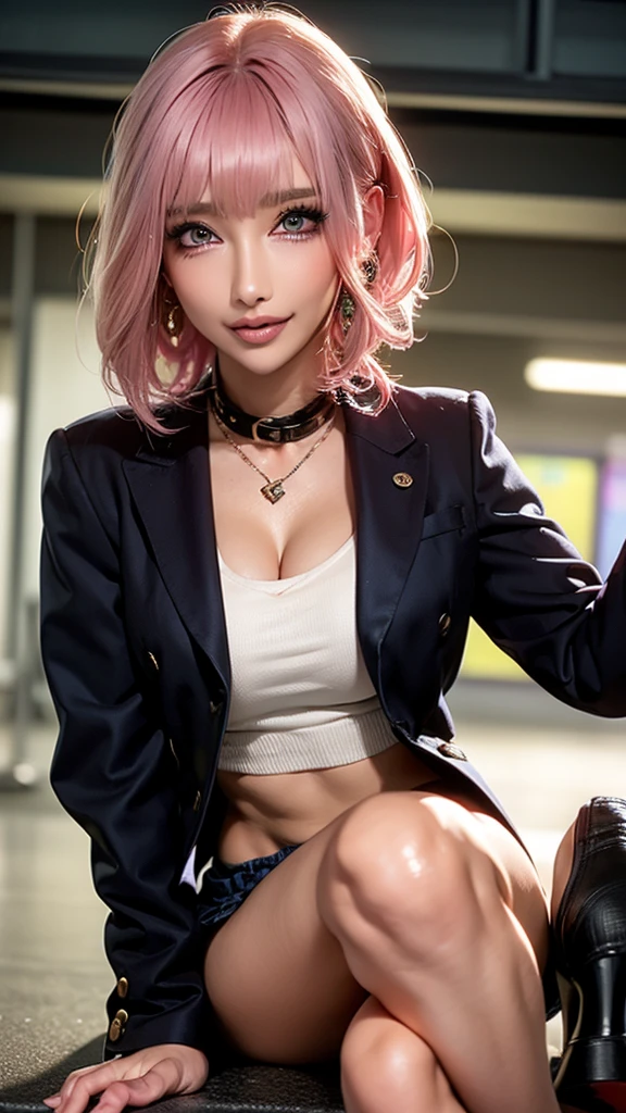 (Highest quality), Realistic, (live-action),(Short Hair,Sharp bangs)Showing off your crotch,Highest quality,Highest quality,8k images,Pink Hair,High heels,school uniform,(破れたschool uniform)Small face,((Big Breasts))