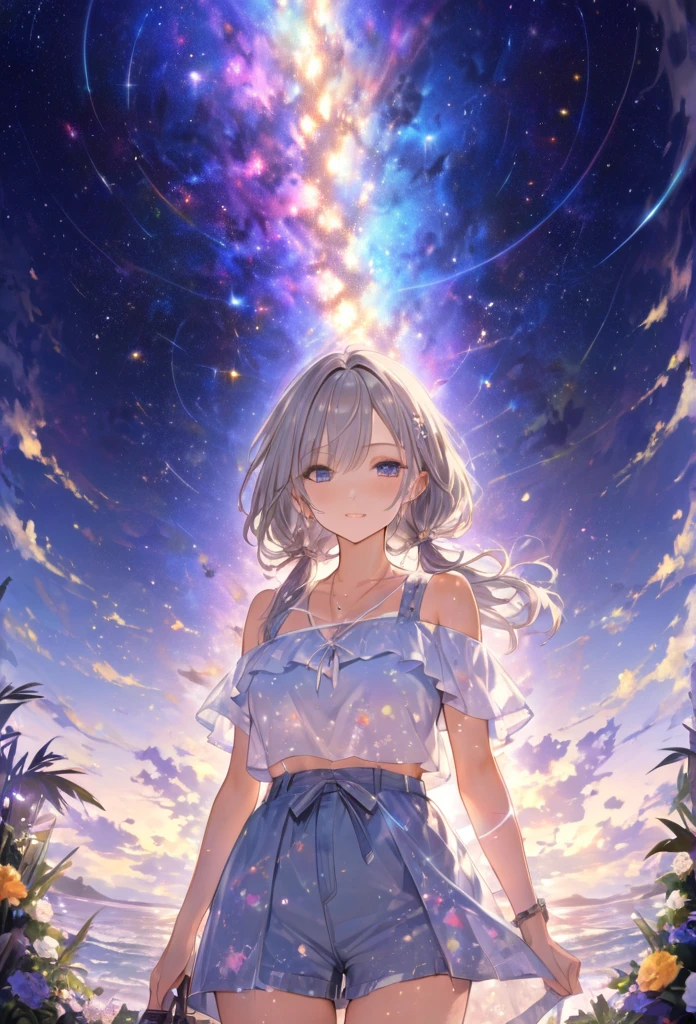 Highest quality　masterpiece　High resolution　masterpieceグレーアイズ　Low Twintails、casual summer outfit　、flowerpunk、universe、Sparkling light particles、Vivid gradient effect