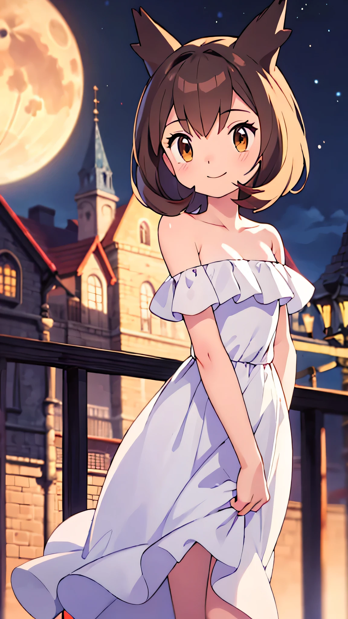 masterpiece, best quality, ultra-detailed, illustration, beautiful detailed eyes, very detailed illustration, cinematic lighting, 1 girl, solo, Pokemon Heroes (Bianca), Brown Hair, brown eyes, bare shoulders, strapless, off shoulders, white ruffle off the shoulder top, white maxi dress, as she is going out on the town in midsummer at night, night skies and a crescent moon, smile
