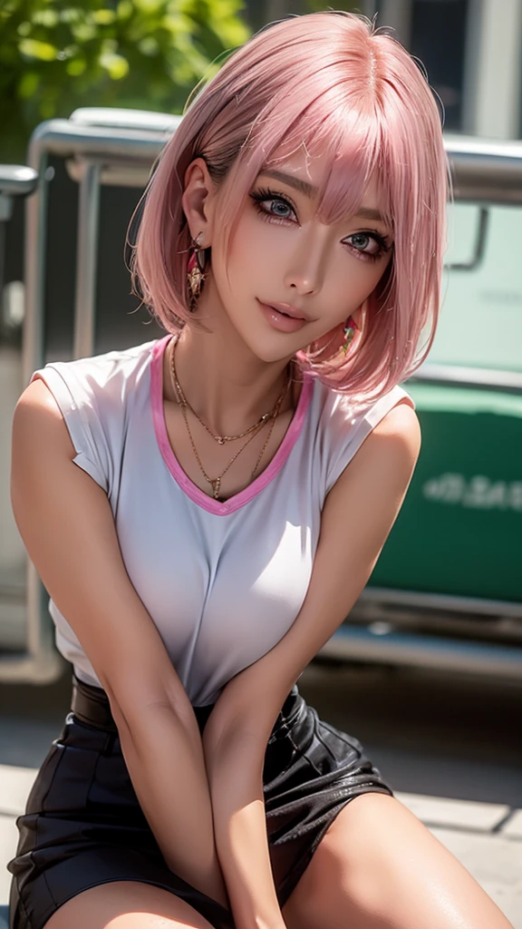 (Highest quality), Realistic, (live-action),(Short Hair,Sharp bangs)Showing off your crotch,Highest quality,Highest quality,8k images,Pink Hair,High heels,school uniform,(破れたschool uniform)Small face,((Big Breasts))