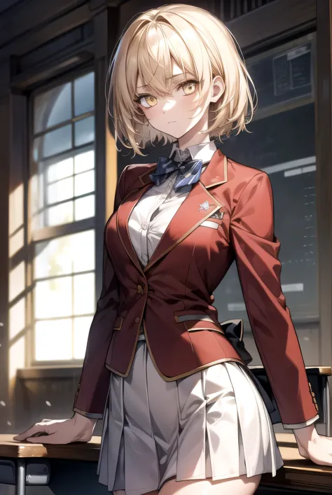 messy hair, short blonde hair, (yellow eyes:1.3),
break bow, school uniform, jacket, bowtie, blue bowtie, blazer, (red blazer:1....