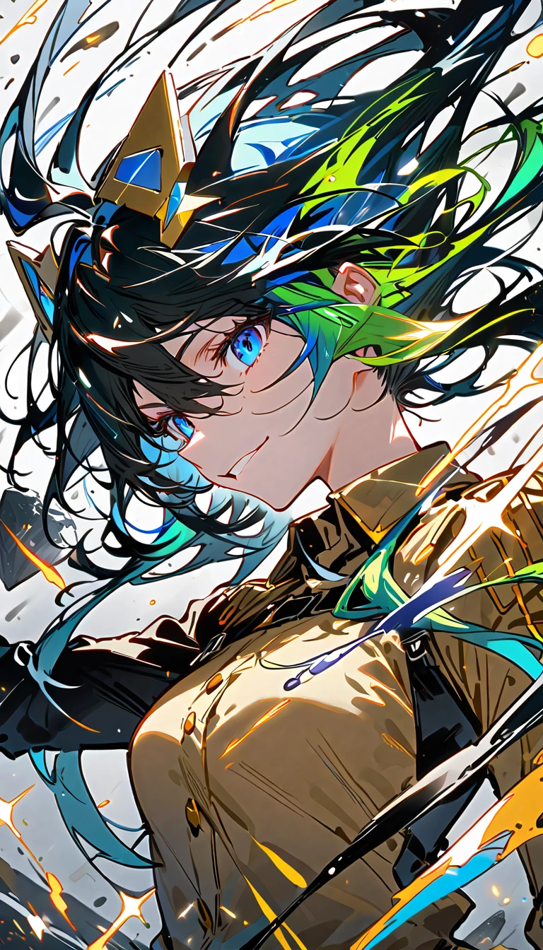 Golden military uniform, belt, black rock shooter,Rainbow Hair, Gold and blue accents,