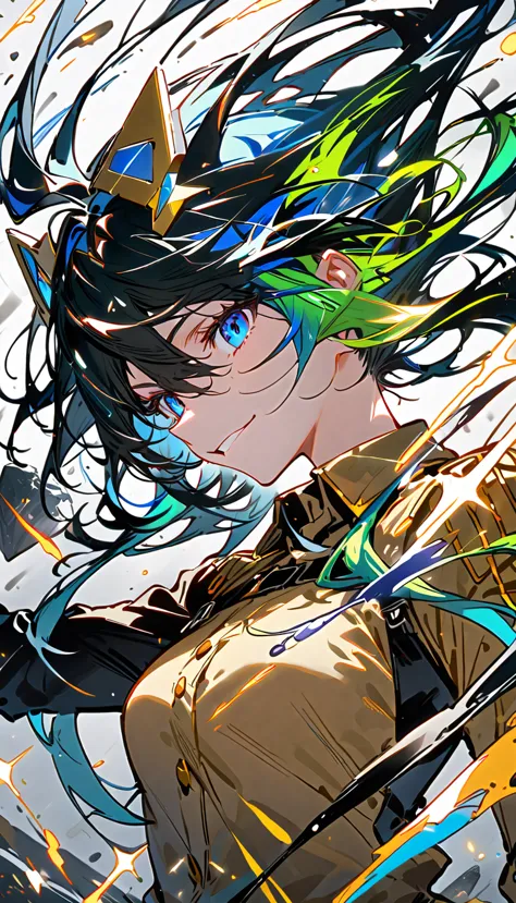 golden military uniform, belt, black rock shooter,rainbow hair, gold and blue accents,