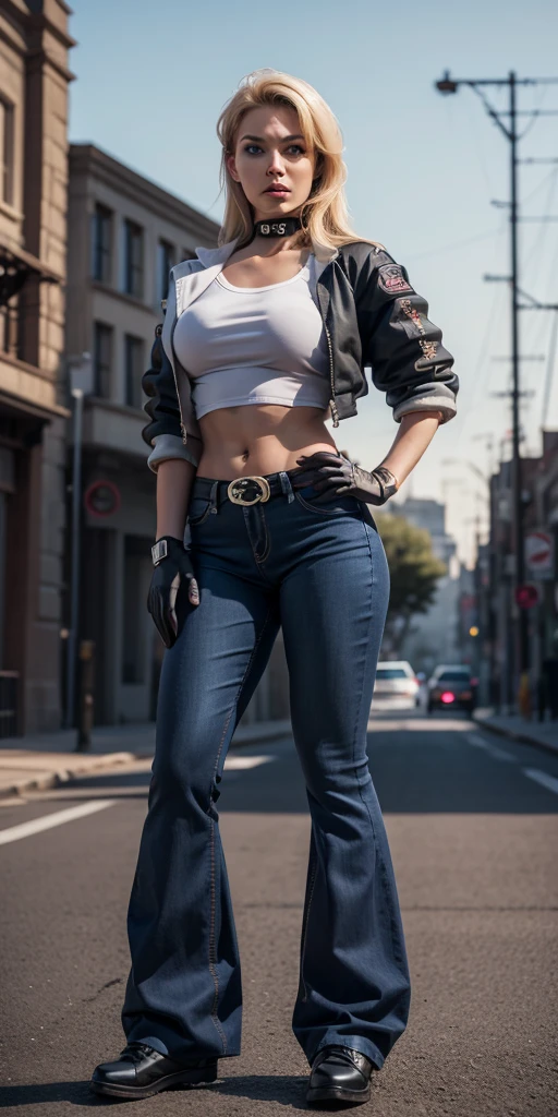 8k, masterpiece, best quality, ultra-detailed, sonyablade, 1girl, solo, long hair, blonde hair, cute blue eyes, breasts, choker, crop top, cropped jacket, black fingerless gloves, full body, hand on hip, highleg panties, jacket, combat boots, lipstick, makeup, (abs:0.3), midriff, navel, pants (Wide flares on pants:1.2),