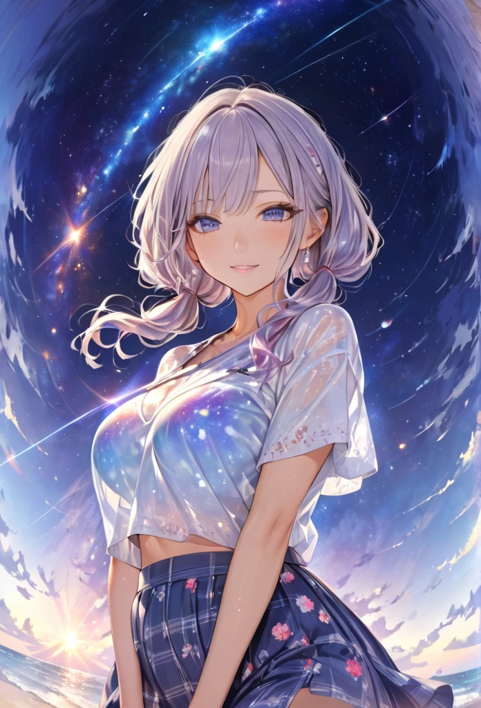 Highest quality　masterpiece　High resolution　masterpieceグレーアイズ　Low Twintails、casual summer outfit　、flowerpunk、universe、Sparkling light particles、Vivid gradient effect