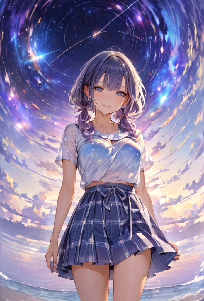 Highest quality　masterpiece　High resolution　masterpieceグレーアイズ　Low Twintails、casual summer outfit　、flowerpunk、universe、Sparkling light particles、Vivid gradient effect