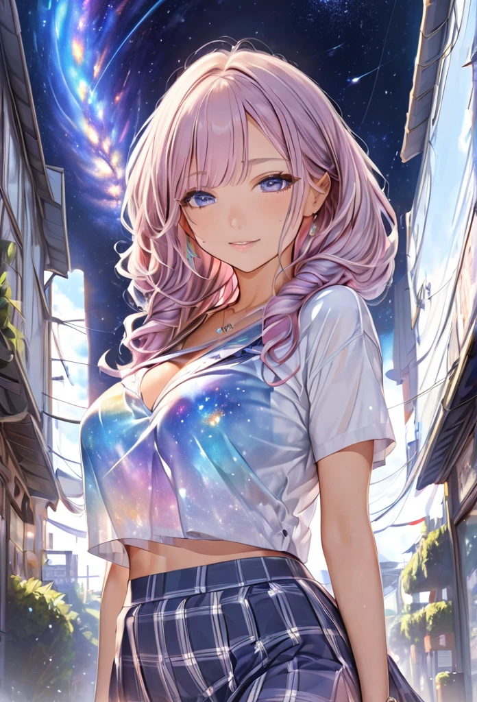 Highest quality　masterpiece　High resolution　masterpieceグレーアイズ　Low Twintails、casual summer outfit　、flowerpunk、universe、Sparkling light particles、Vivid gradient effect