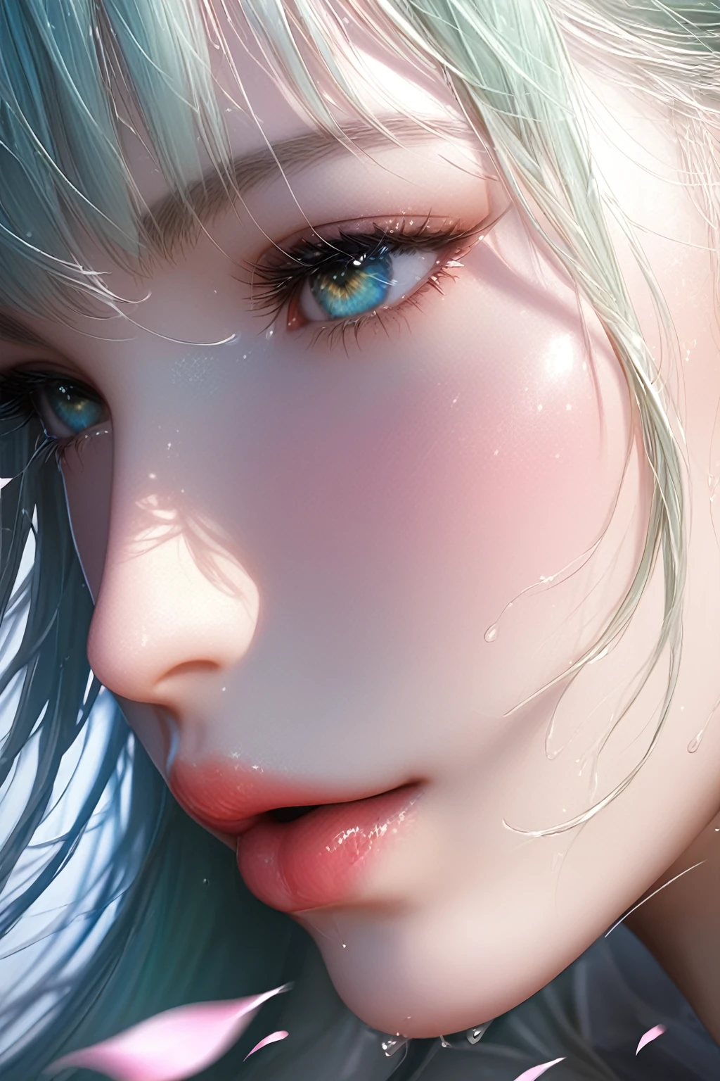 score_9, score_8_up, score_7_up, Girl's profile picture, light green long hair with bangs, light blue petals on cheeks, realistic skin texture, detailed picture, close-up, HD32k,Anime,hentai,(motion sex),motion lines,motion blur,bouncing breasts,Expressiveh,concept art,dark theme