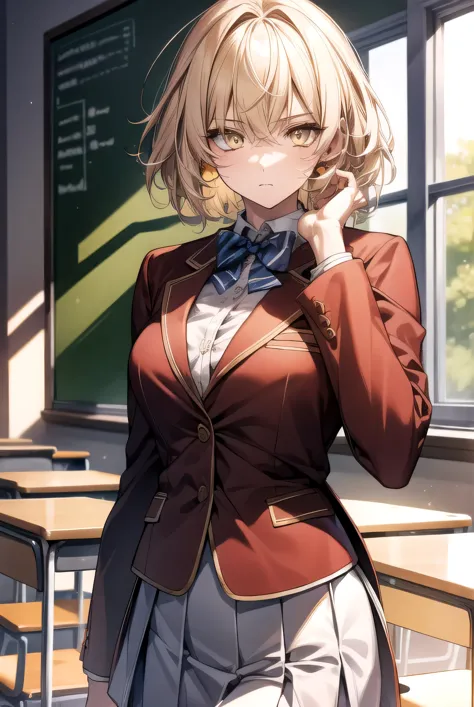 messy hair, short blonde hair, (yellow eyes:1.3),
break bow, school uniform, jacket, bowtie, blue bowtie, blazer, (red blazer:1....