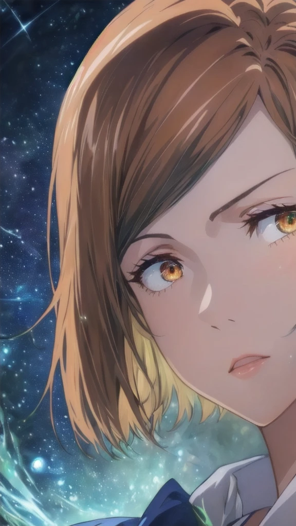 A girl with long hair and green eyes looking at the stars, Anime Art Wallpaper 4K, Anime Art Wallpaper 4K, Anime girl with orange straight short hair, Detailed digital anime art, anime art wallpaper 8 k, Anime Wallpaper 4K, Anime Wallpaper 4K, Green Halo, Beautiful anime portrait, 4k anime wallpaper,Orange glowing eyes, Anime style 4k