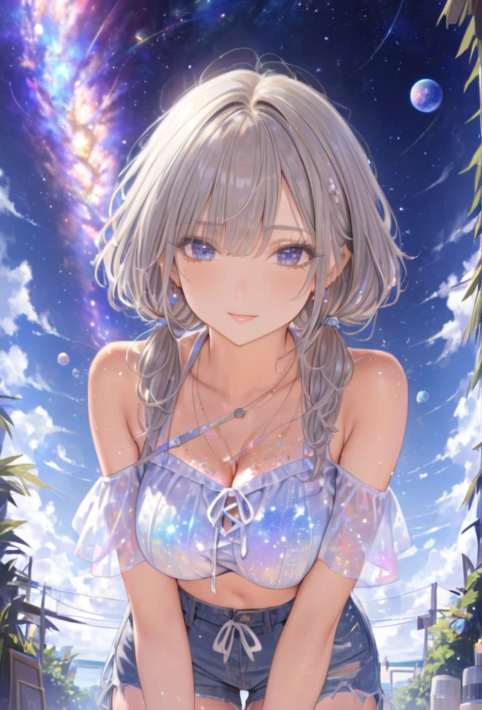 Highest quality　masterpiece　High resolution　masterpieceグレーアイズ　Low Twintails、casual summer outfit　、flowerpunk、universe、Sparkling light particles、Vivid gradient effect