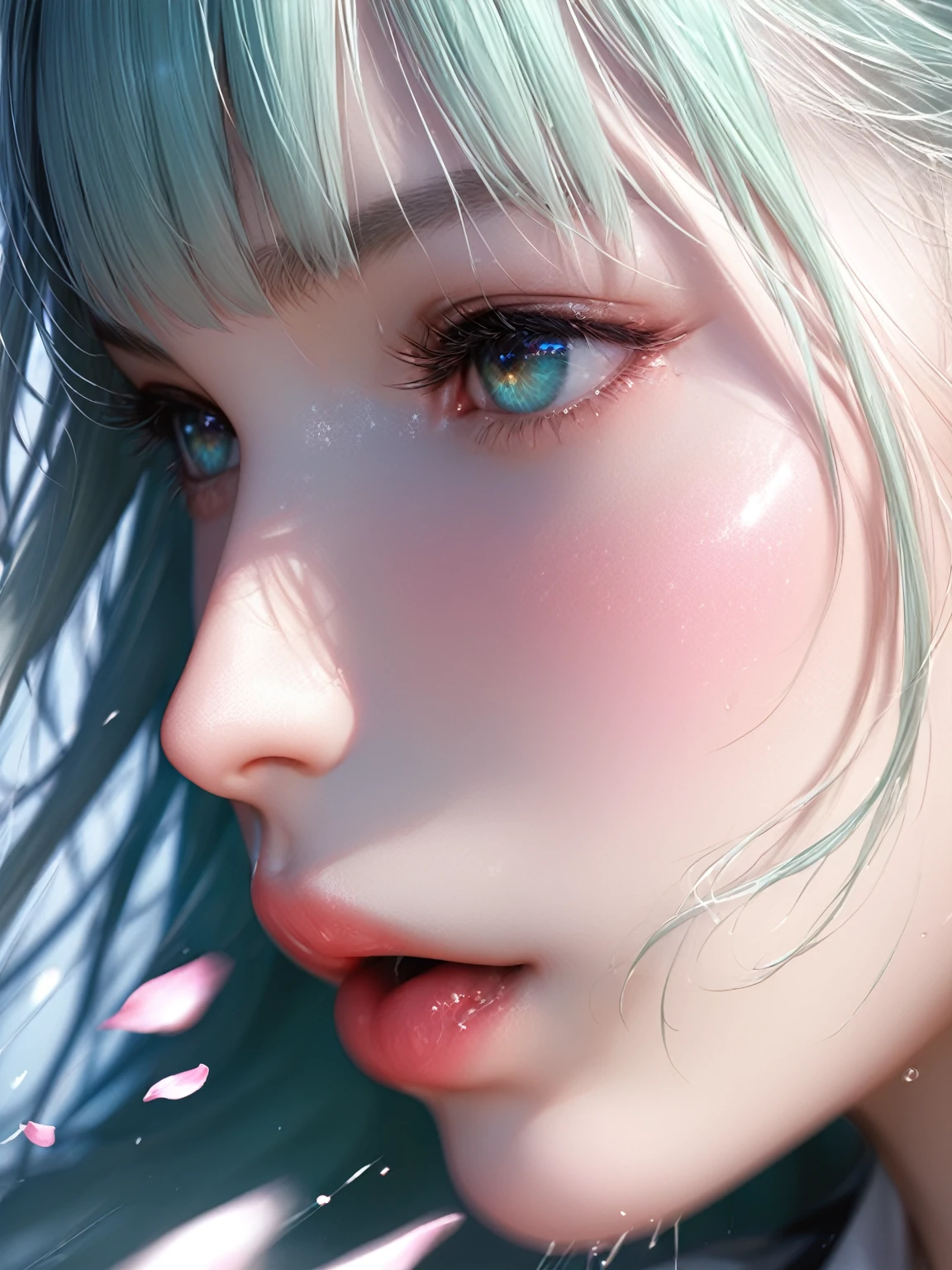 score_9, score_8_up, score_7_up, Girl's profile picture, light green long hair with bangs, light blue petals on cheeks, realistic skin texture, detailed picture, close-up, HD32k,Anime,hentai,(motion sex),motion lines,motion blur,bouncing breasts,Expressiveh,concept art,dark theme