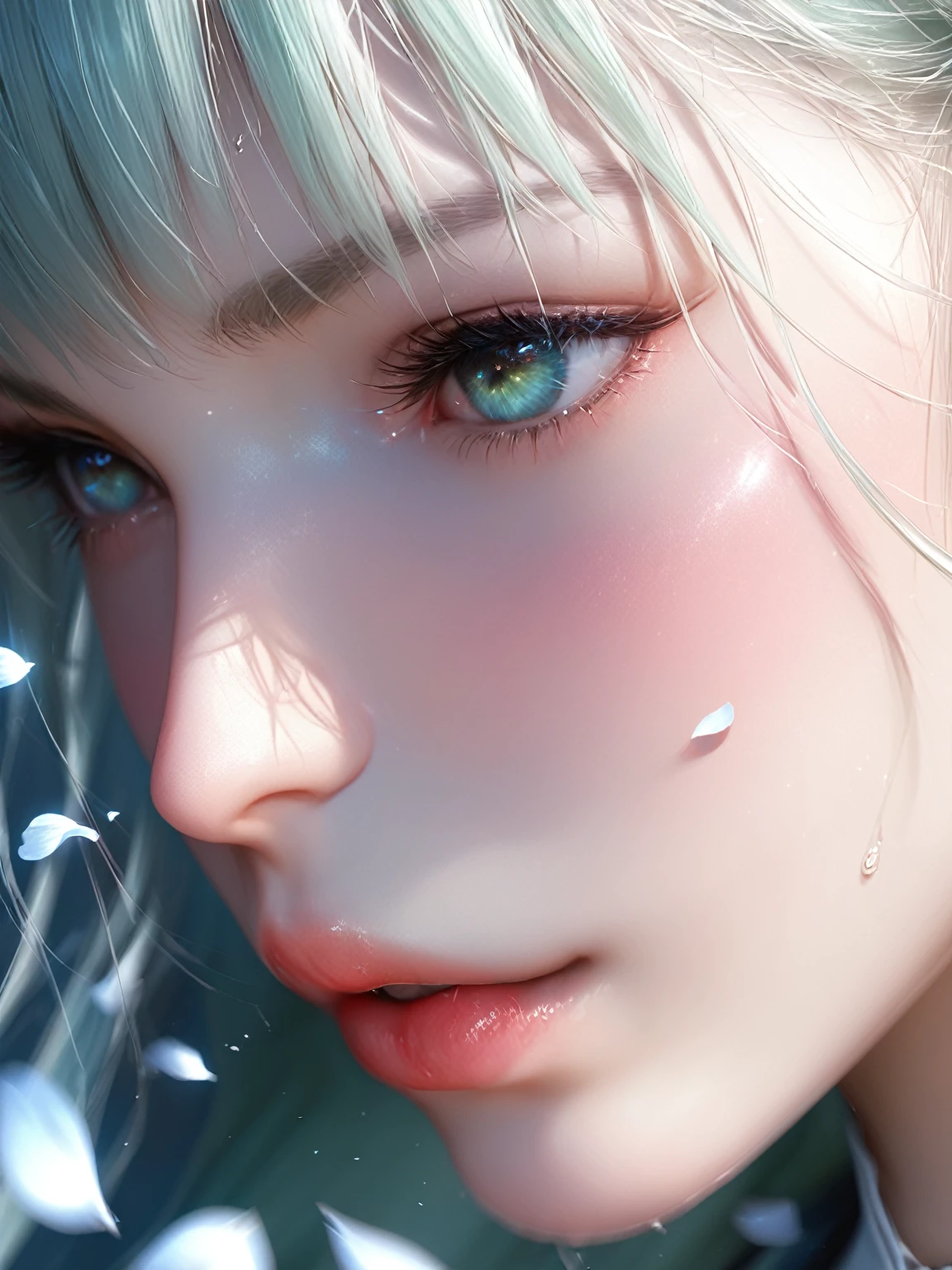 score_9, score_8_up, score_7_up, Girl's profile picture, light green long hair with bangs, light blue petals on cheeks, realistic skin texture, detailed picture, close-up, HD32k,Anime,hentai,(motion sex),motion lines,motion blur,bouncing breasts,Expressiveh,concept art,dark theme